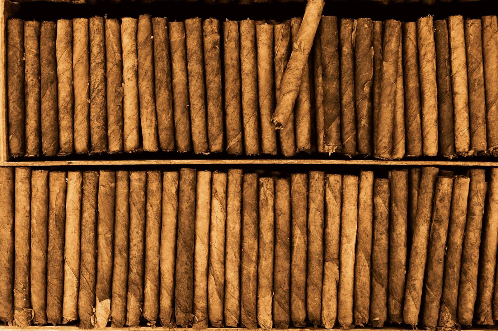 A dark-wrapper cigar beside a cedar spill. Representative photograph.