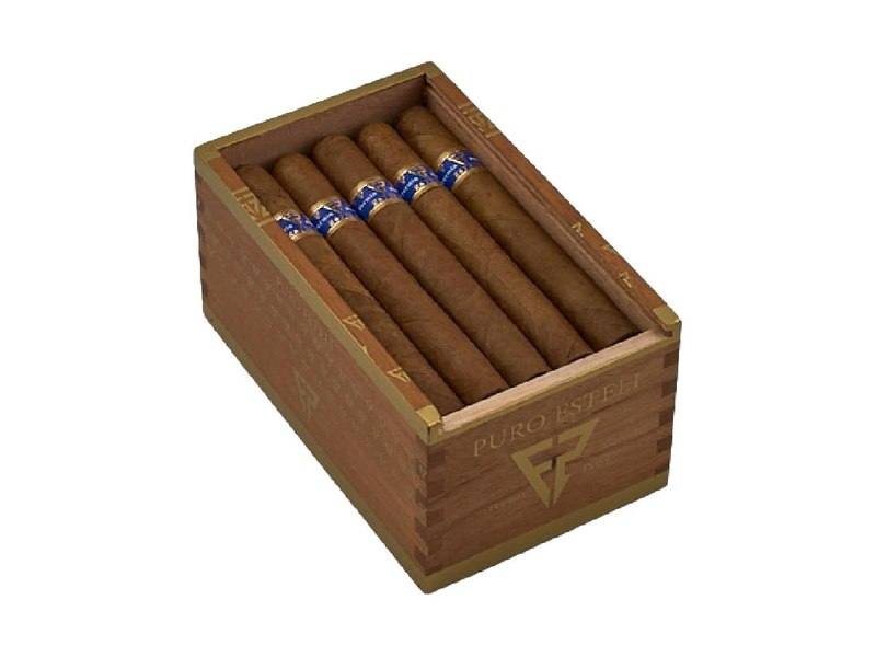 An open wooden box of Fermin Perez Puro Esteli cigars with blue and gold bands, the box branded Puro Esteli