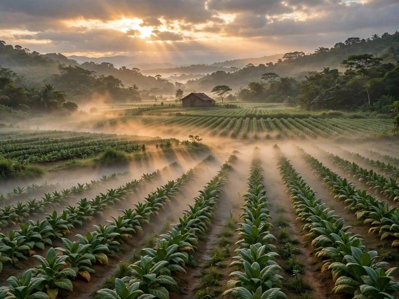 Dawn mist over rows of tobacco in a broad tropical valley, a wooden curing barn in the distance