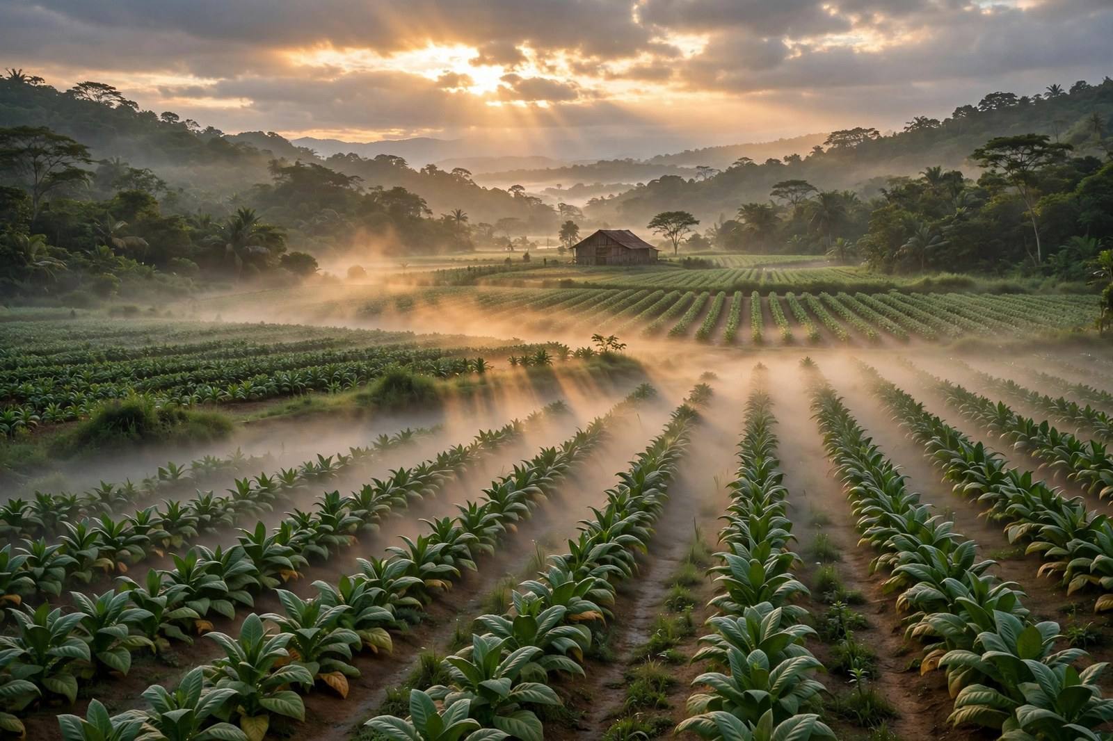 Dawn mist over rows of tobacco in a broad tropical valley, a wooden curing barn in the distance