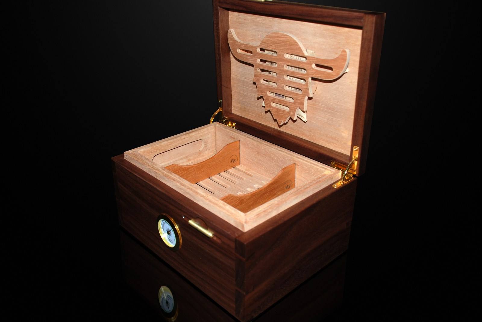 Open walnut desktop humidor with Spanish cedar interior and hygrometer