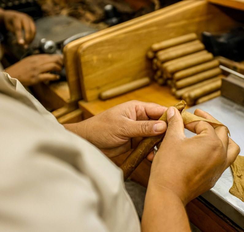 Close-up of hands rolling a cigar at a wooden table