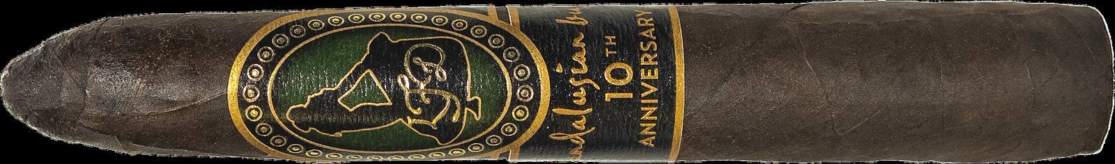 A La Flor Dominicana Andalusian Bull 10th Anniversary Maduro cigar with its green and gold band