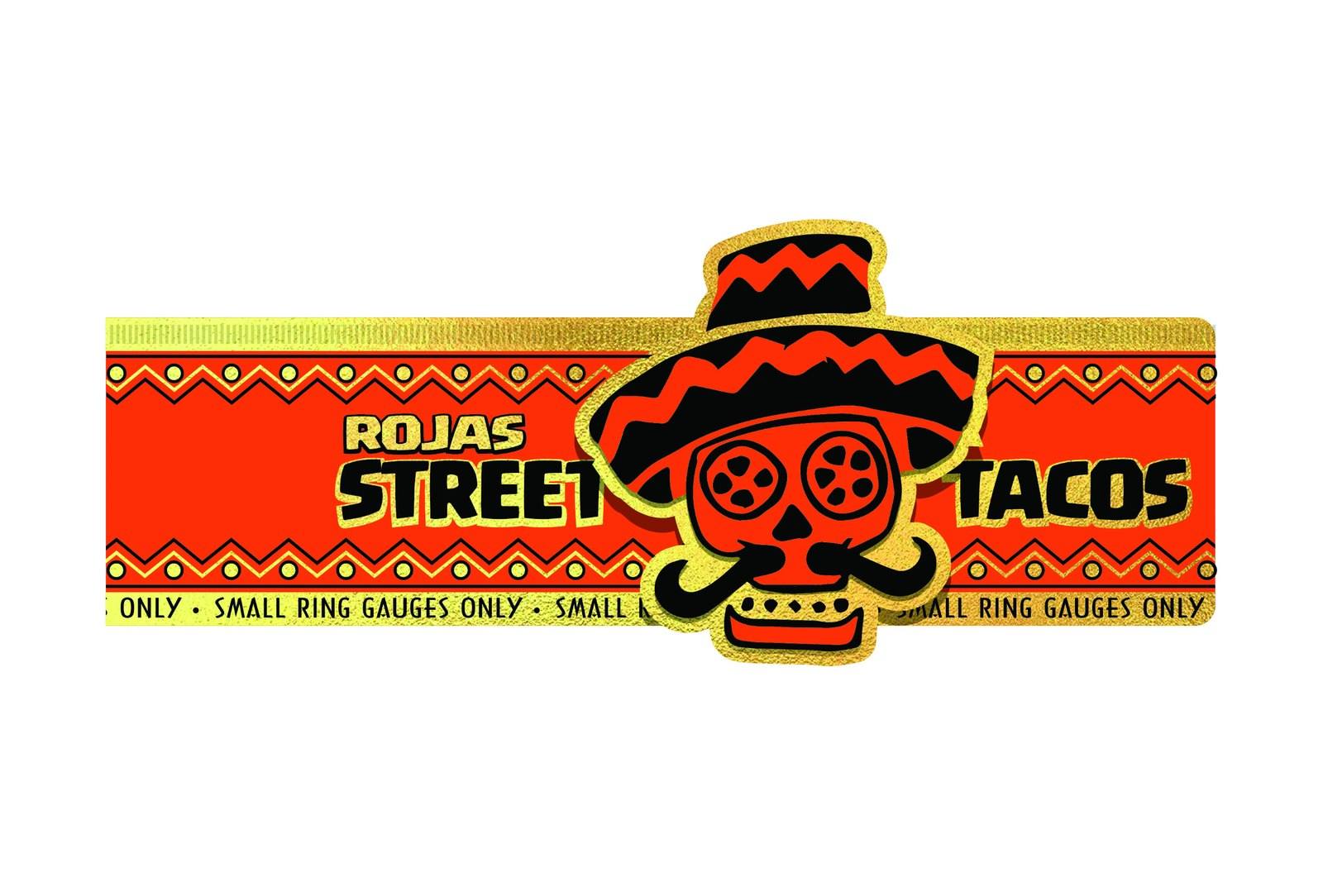 The original Rojas Street Tacos cigar band artwork, red and gold with a skull in a sombrero, supplied by Rojas Cigars