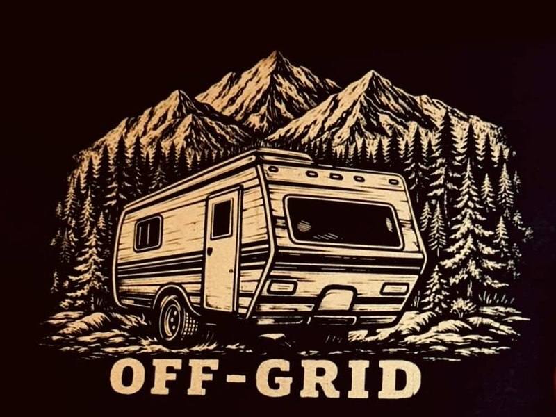 The Wildfire Off-Grid band artwork showing a towable RV trailer against mountains and pine trees