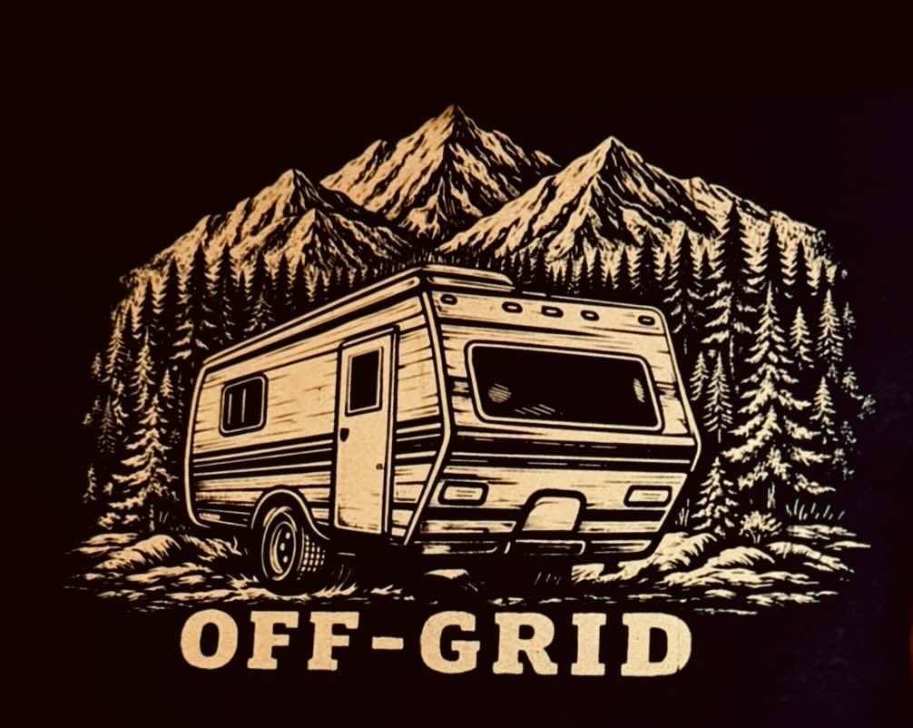 The Wildfire Off-Grid band artwork showing a towable RV trailer against mountains and pine trees